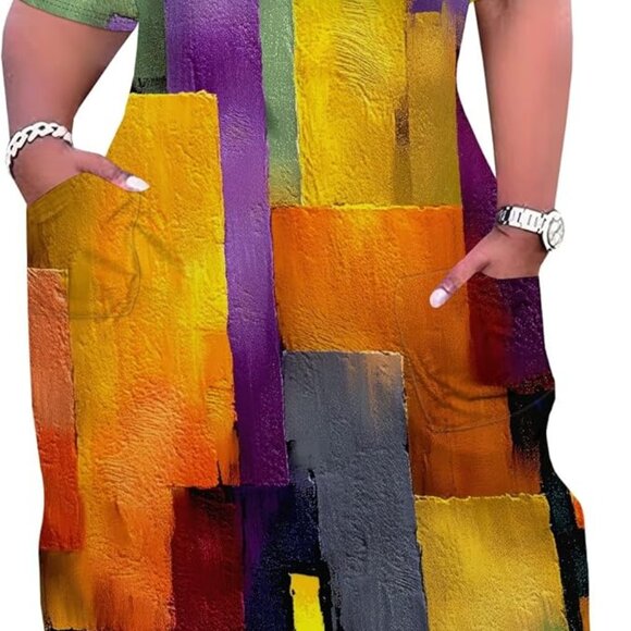 Women's Plus Size African Print Maxi Dress Casual V-Neck Pockets Sleeve - Picture 1 of 4